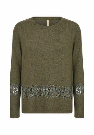 Olivegrüner Langarmpullover mit Rundhalsausschnitt. Mit einem horizontalen Paillettenakzent in Silber und Schwarz am Saum. Weicher Stoff.