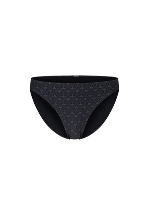 Bas de bikini noir avec un motif texturé de petites formes, présentant des bords lisses et une coupe confortable. Fabriqué en matériau extensible.