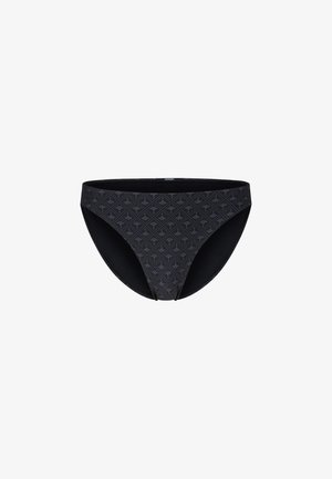 Zwarte bikini onderkant met een textuurpatroon van kleine vormen, met gladde randen en een comfortabele pasvorm. Gemaakt van rekbaar materiaal.