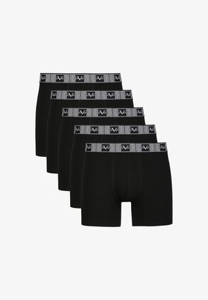 Zwarte katoenen boxershorts met een contrasterende elastische tailleband met een geometrisch patroon. Vijf paar zij aan zij gerangschikt.