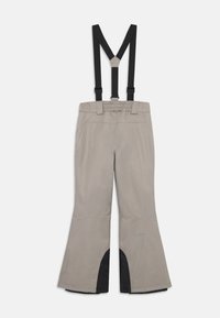 Grå skibukser med sorte justerbare seler, vide ben og sorte detaljer nederst. Har elastisk liv for komfort.