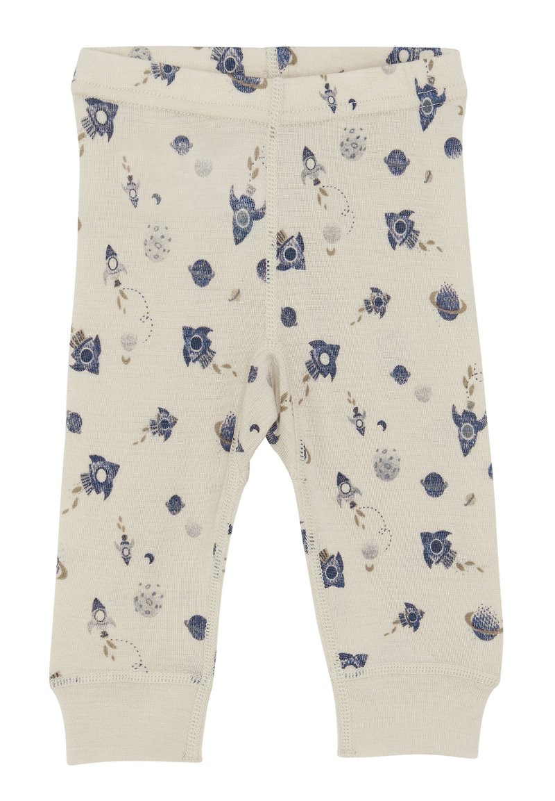 Lichtbeige leggings van zachte stof, met een speelse ruimteprint van blauwe raketten, planeten en sterren. Elastische tailleband en boorden.