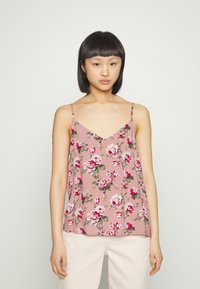 Camisola floral rosa com alças finas, apresentando um decote em forma de V e um corte solto. O design inclui rosas vermelhas e verdes sobre um fundo claro.