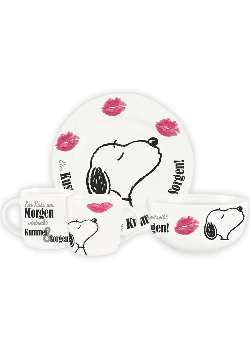 Ceramic dishware set featuring a bowl, two mugs, and a plate. Each piece is white with black dog illustrations and red lipstick prints.