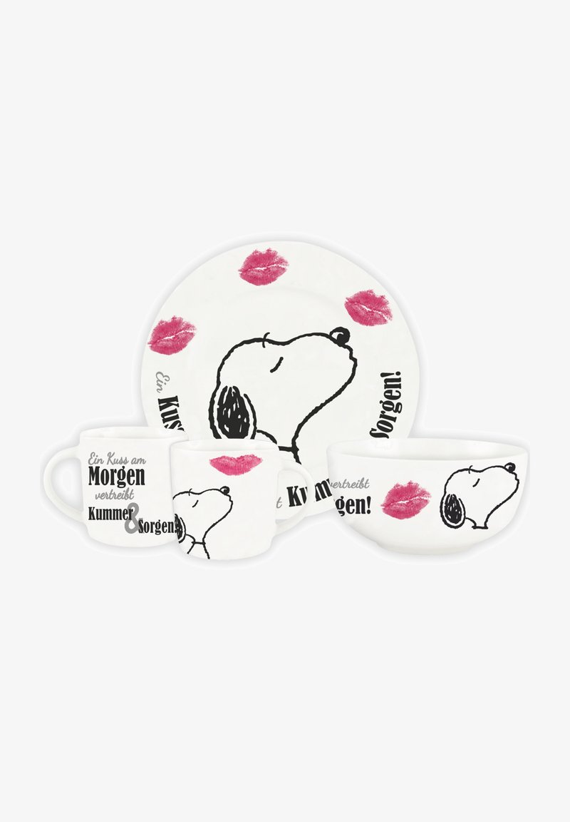 Ceramic dishware set featuring a bowl, two mugs, and a plate. Each piece is white with black dog illustrations and red lipstick prints.