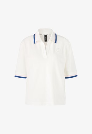 White polo shirt with a V-neck, short sleeves, and blue, pink, and blue striped collar and sleeve accents. Features a logo on the chest.