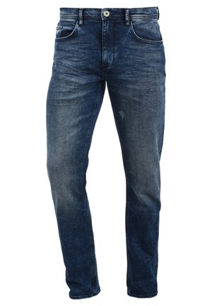 Jean en denim bleu foncé avec une coupe droite, présentant un effet délavé, cinq poches et une fermeture à bouton en métal.