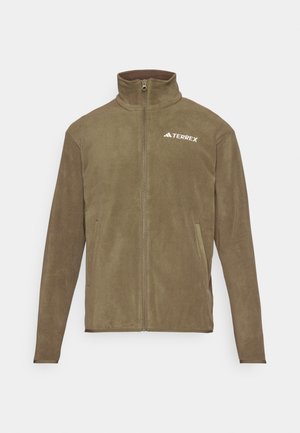 Olivenfarget fleecejakke med høy krage, full glidelås foran og to sidelommer. "TERREX"-logo i hvitt på øvre venstre.