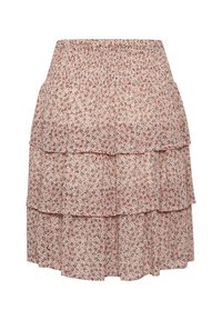 Jupe rose à volants superposés avec imprimé floral discret, taille élastique et design à volants en couches.
