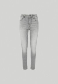 Jeans ajustados de denim gris claro, con cintura alta, cinco bolsillos y un ligero desvanecimiento a lo largo de las piernas para añadir textura.