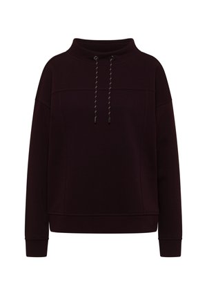 Mörklila sweatshirt med hög krage, dragsko-detalj och långa ärmar. Slät tyg med avslappnad passform och ribbade muddar.