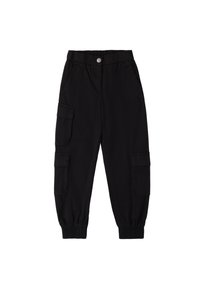 Zwarte cargobroek met elastische tailleband, twee zijzakken en twee cargozakken op de dijen. Gemaakt van lichte stof, met gathered enkels.