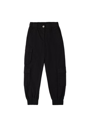 Pantalons cargo noirs avec ceinture élastique, deux poches latérales et deux poches cargo au niveau des cuisses. Fabriqués en tissu léger, avec des chevilles resserrées.