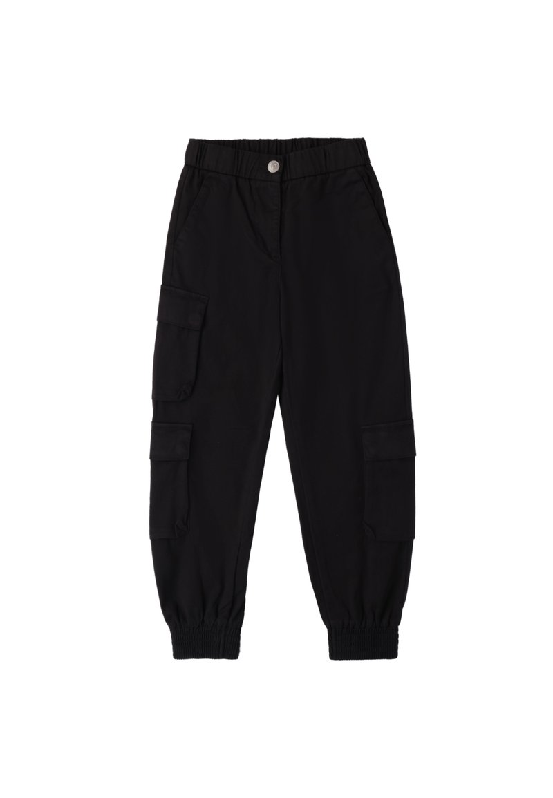 Zwarte cargobroek met elastische tailleband, twee zijzakken en twee cargozakken op de dijen. Gemaakt van lichte stof, met gathered enkels.