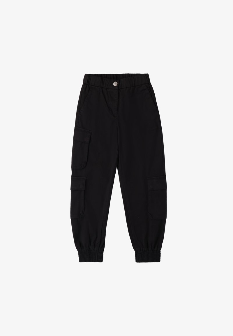 Zwarte cargobroek met elastische tailleband, twee zijzakken en twee cargozakken op de dijen. Gemaakt van lichte stof, met gathered enkels.