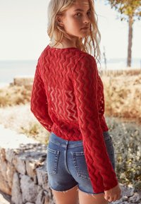 Maglione rosso a rete con motivo a zigzag, abbinato a pantaloni corti in denim blu con orli sfrangiati e tasche, visto da dietro.