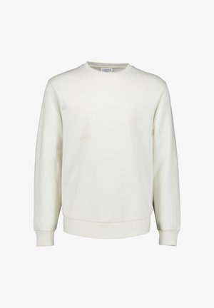 Weißes Sweatshirt mit langen Ärmeln und Rundhalsausschnitt, mit gerippten Bündchen und Saum, auf einem einfarbigen weißen Hintergrund dargestellt.