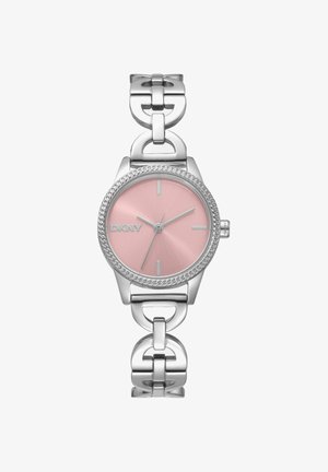 Zilveren DKNY polshorloge met een roze ronde wijzerplaat, minimalistische markeringen en een decoratieve metalen armband met schakels.