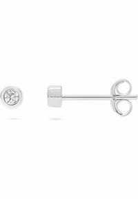Silver stud earrings with a round clear crystal center. Features a cylindrical post and a butterfly closure for secure wear.
