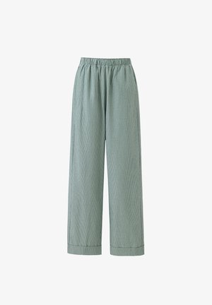 Hellgrüne, weite Hosen mit vertikalem Streifenmuster, elastischem Bund und umgeschlagenen Säumen, aus einer atmungsaktiven Baumwollmischung gefertigt.