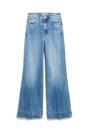 Hellblaue Jeans mit weitem Bein, faded Waschung, Fünf-Taschen-Design und rohem Saum. Aus strapazierfähigem Baumwollmaterial hergestellt.