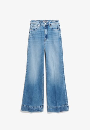 Hellblaue Jeans mit weitem Bein, faded Waschung, Fünf-Taschen-Design und rohem Saum. Aus strapazierfähigem Baumwollmaterial hergestellt.