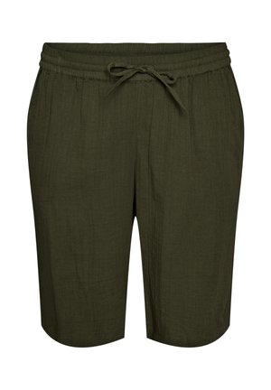 Oliivirohelised vabaaja lühikesed püksid elastse vöökohaga ja ees nöörsiduriga, põlvepikkused, mugava lõike ja tekstuurse kangaga.