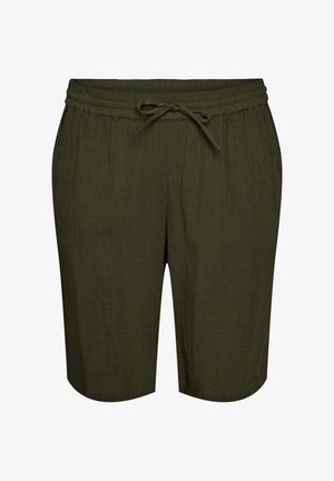 Oliivirohelised vabaaja lühikesed püksid elastse vöökohaga ja ees nöörsiduriga, põlvepikkused, mugava lõike ja tekstuurse kangaga.