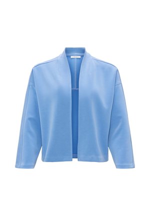 Hellblaues offenes Jackett mit lässiger Passform, aus weichem Stoff gefertigt, mit langen Ärmeln und minimalen Nähten.