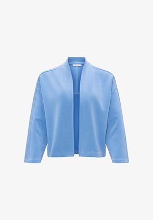 Lichtblauwe open voorkant jas met een relaxte pasvorm, gemaakt van zachte stof, met lange mouwen en minimale stikdetails.