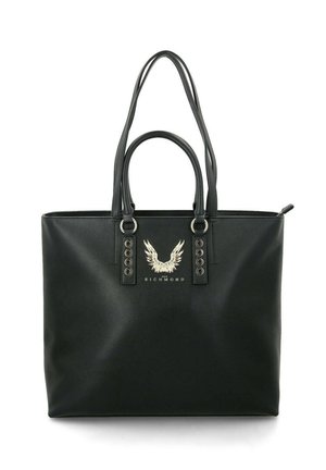 Borsa tote in pelle sintetica nera con due manici superiori, caratterizzata da un logo dorato con ali e decorative occhielli argentati sui lati.