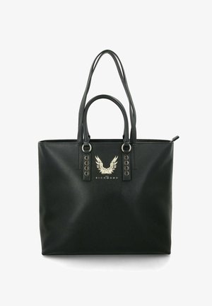 Borsa tote in pelle sintetica nera con due manici superiori, caratterizzata da un logo dorato con ali e decorative occhielli argentati sui lati.