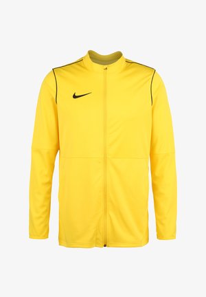 Gelbe Nike Trainingsjacke, mit durchgehendem Reißverschluss, Stehkragen, schwarze Akzente an den Schultern, leichtes Material, keine sichtbaren Logos außer auf der Brust.