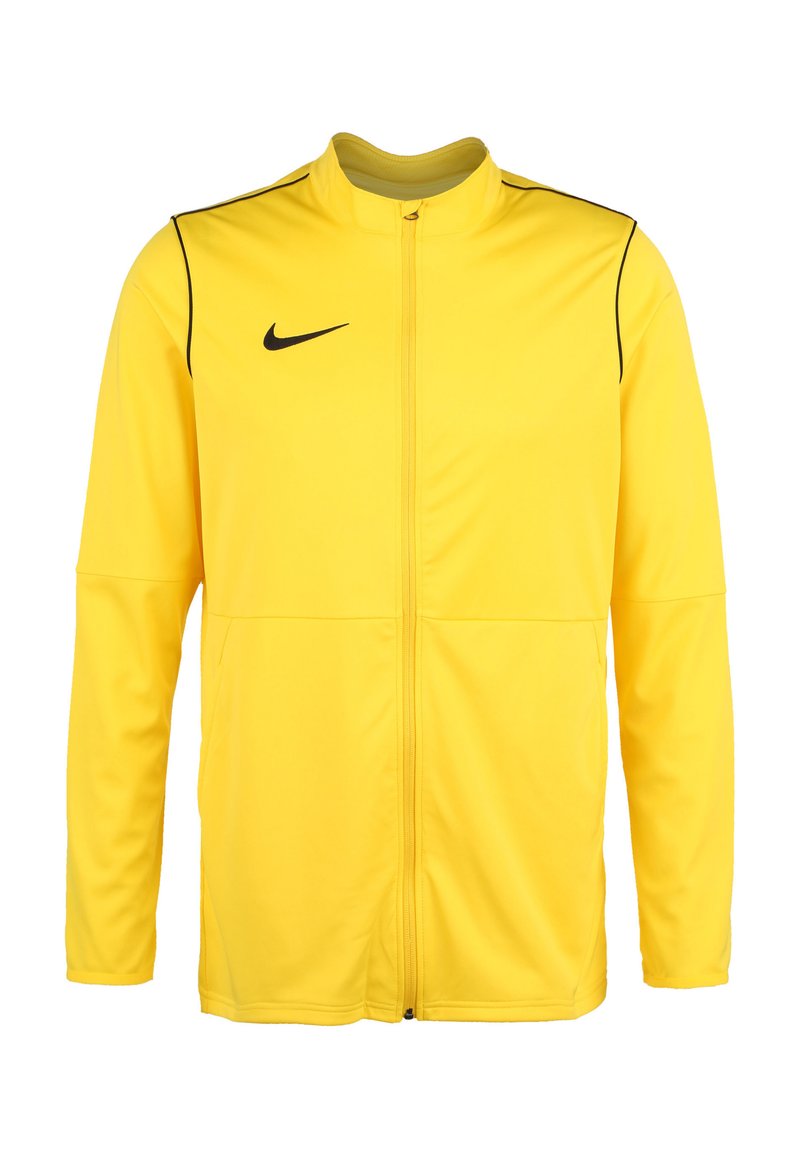 Giacca da corsa gialla Nike, design con zip completa, colletto rialzato, accenti neri sulle spalle, tessuto leggero, senza loghi visibili tranne che sul petto.