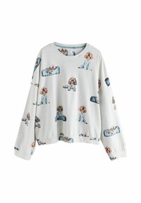 Ljusgrå sweatshirt med en tryckt design av tecknade hundar i pyjamas. Långa ärmar, rund hals och en avslappnad passform.