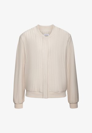 Lichtbeige gewatteerde bomberjack met een geribbelde textuur, ronde halslijn en elastische manchetten. Eenvoudige voorkeursluiting zonder zichtbare sluitingen.