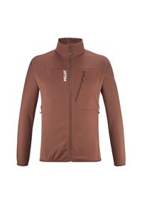 Brown zip-up jacket made from a textured, lightweight material. Features a high collar, front zip pocket, and side zip pockets.