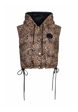 Chaleco acolchado sin mangas con estampado de leopardo, capucha forrada en negro, botones a presión, bajo con cordón ajustable y parche de marca circular negra en el pecho.