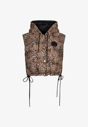 Doudoune sans manches avec imprimé léopard, capuche doublée de noir, boutons-pression, ourlet à cordon de serrage et patch de marque circulaire noir sur la poitrine.