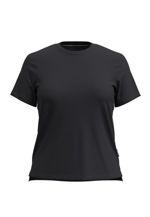 T-shirt nera a maniche corte con scollo a girocollo, orlo dritto e piccola etichetta laterale su sfondo bianco.