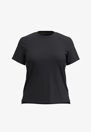 Schwarzes T-Shirt mit kurzen Ärmeln und Rundhalsausschnitt, geradem Saum und kleinem Seitenschild vor weißem Hintergrund.