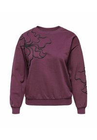 Sudadera púrpura de tela suave con bordado floral negro ondulado en la parte delantera y la manga, con puños y dobladillo acanalados.