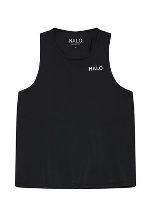 Sort ærmeløs atletik top med rund halsudskæring og hvidt "HALO" logo på brystet og inderkraven.
