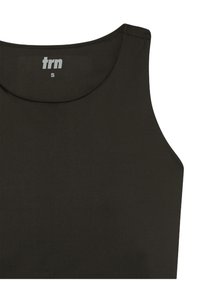 Czarny top bez rękawów wykonany z lekkiego materiału, z okrągłym dekoltem. Metka z napisem "trn" oraz rozmiar "S" wewnątrz.