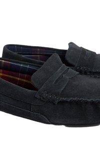 Marinblå velourloafers med sömdetaljer och en upphöjd frampanel, fodrade med rutig tyg i mörkröda, gröna och gula nyanser.