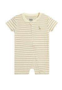 Body de manga corta en color crema con rayas horizontales marrón claro y un bordado de jirafa en el pecho. Fabricado con tejido suave para mayor comodidad.