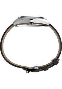 Silver stainless steel watch with a round face, black rubber strap, and brown leather accents. Features a textured crown and buckle clasp.