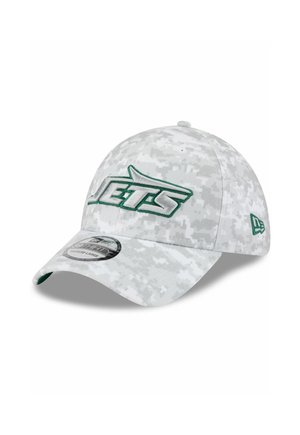 Weißer Camouflage-Basecap mit grünem gesticktem "JETS"-Logo auf der Vorderseite, mit einem gebogenen Schirm und einem verstellbaren Riemen auf der Rückseite.