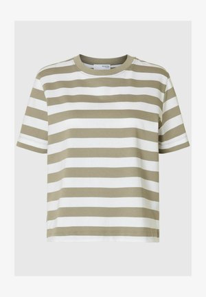 Stripet T-skjorte laget av myk bomull, med vekslende olivengrønne og hvite horisontale striper, kort ermer og rund hals.