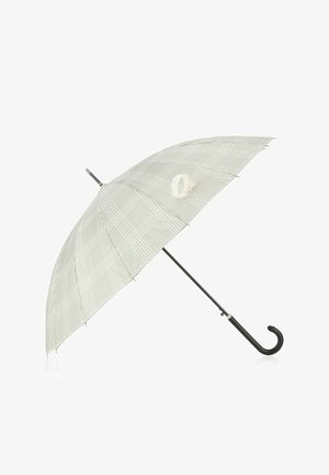 Straight umbrella with a light gray checkered canopy, black metal frame, and a curved black handle. Features a white button on the canopy.